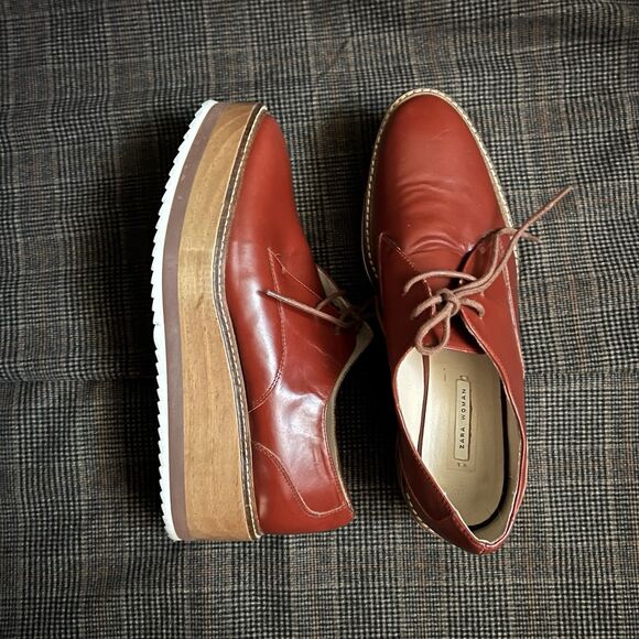 Zara Brick Red Wooden Platform Oxfords 70s Preppy Wedges Size 7.5 EU 38 - Picture 2 of 10